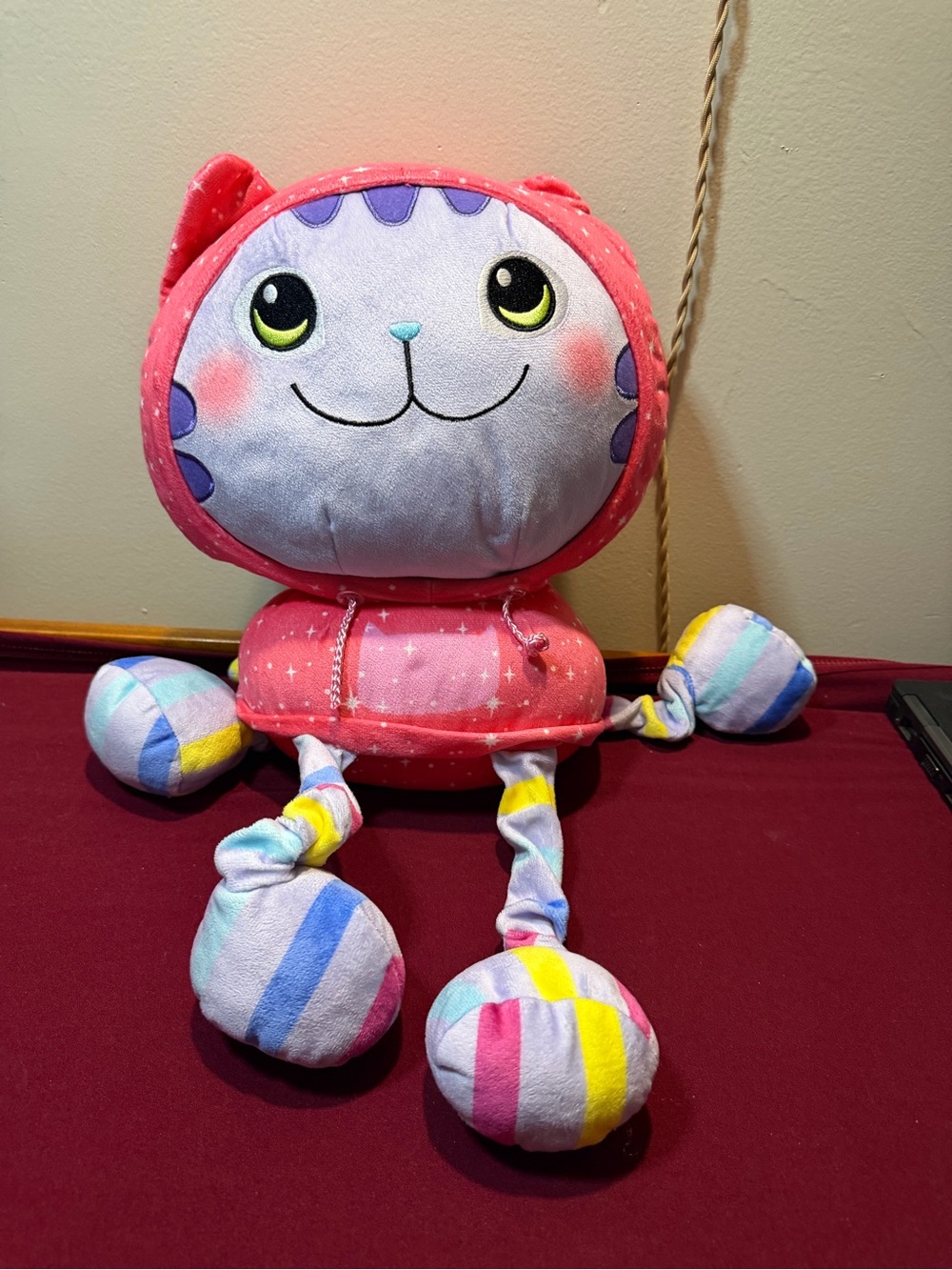 Plush Gabby Cat Doll in Pink Hoodie with Multicolor Striped Limbs